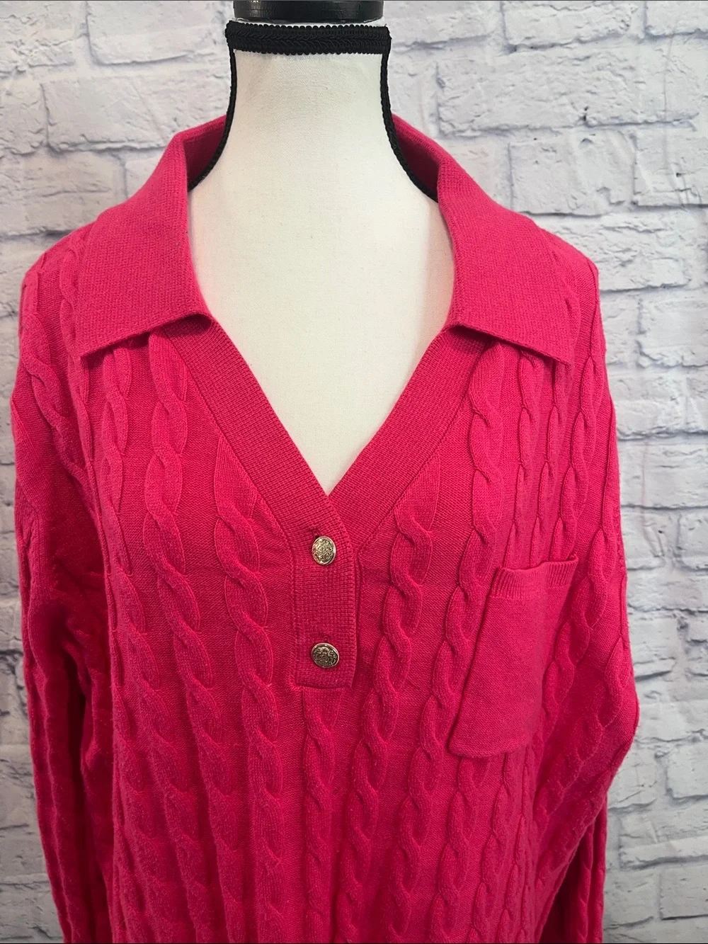 Talbots Johnny Collar Cable Knit Sweater Polo Gold Buttons Plus Size 3X Pink